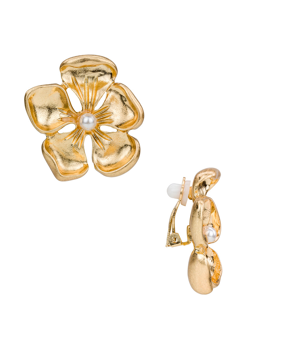 Female - Large Flower Clip Earrings - French Garden Collection - worn gold - by Patricia Nash - View 1 of 5