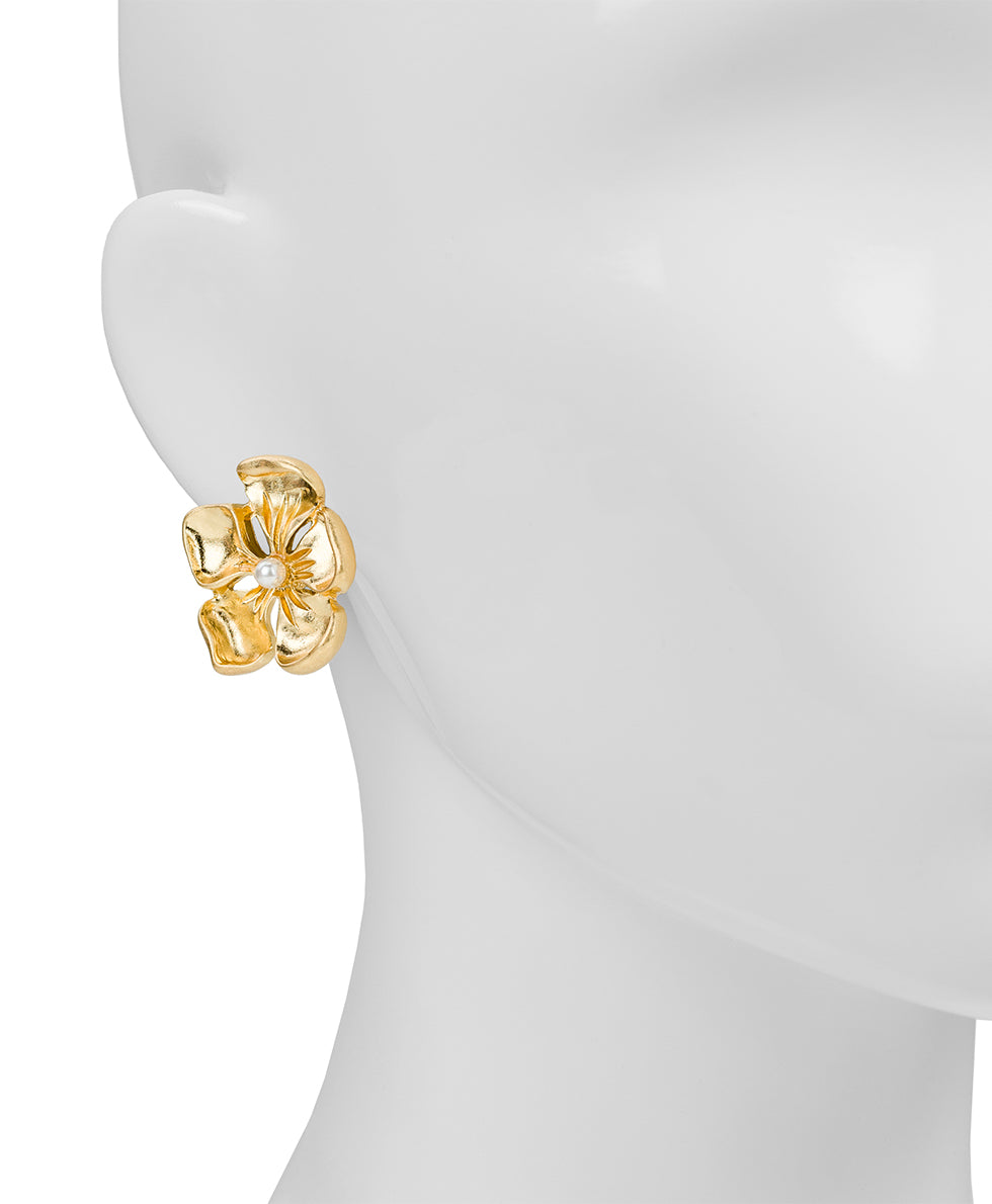 Female - Large Flower Clip Earrings - French Garden Collection - worn gold - by Patricia Nash - View 2 of 5