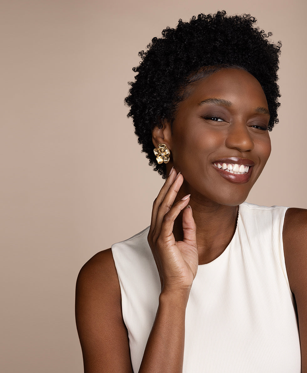 Female - Large Flower Clip Earrings - French Garden Collection - worn gold - by Patricia Nash - View 4 of 5