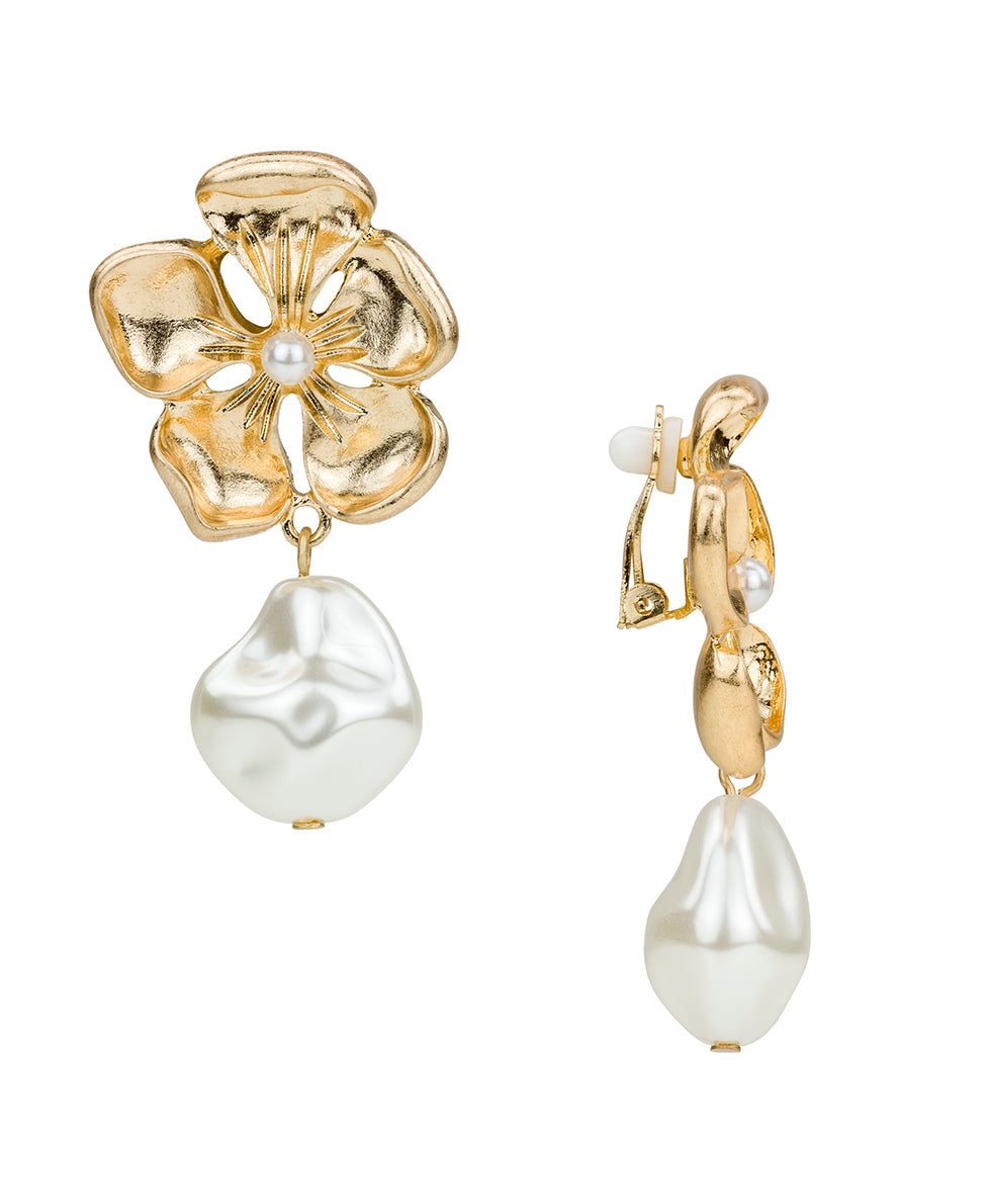 Female - Large Flower Pearl Drop Clip Earrings - French Garden Collection - worn gold - by Patricia Nash - View 1 of 2