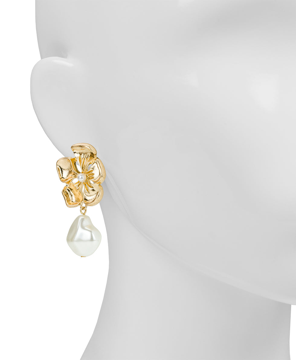 Female - Large Flower Pearl Drop Clip Earrings - French Garden Collection - worn gold - by Patricia Nash - View 2 of 2