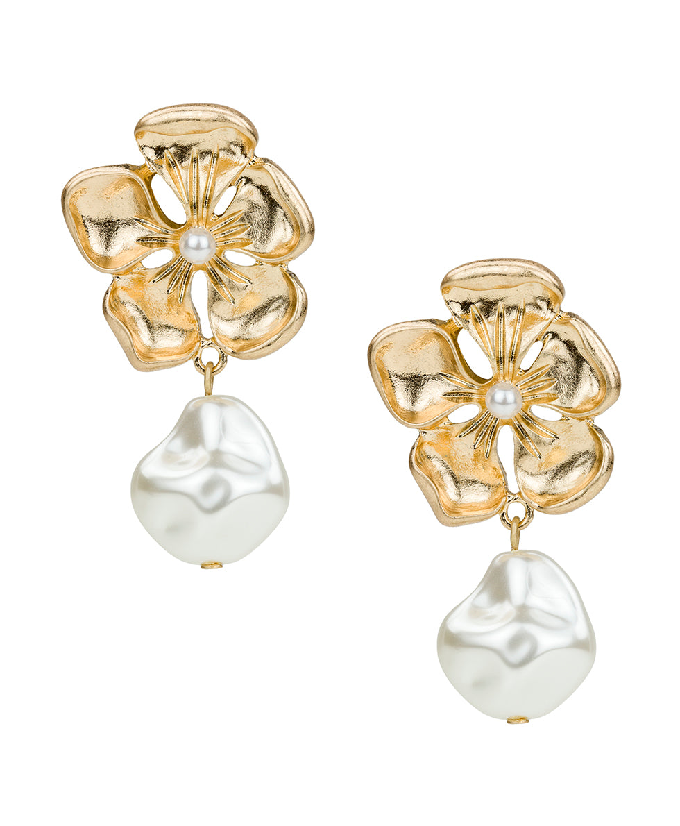 Female - Large Flower Pearl Drop Post Earrings - French Garden Collection - worn gold - by Patricia Nash - View 1 of 2
