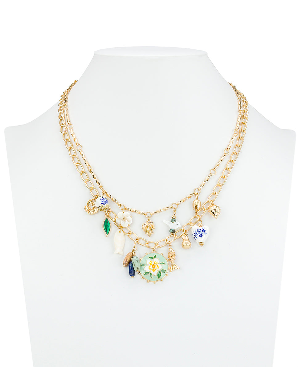 Female - Charm Dangle Double Chain Necklace - Charming Collection - worn gold - by Patricia Nash - View 3 of 3