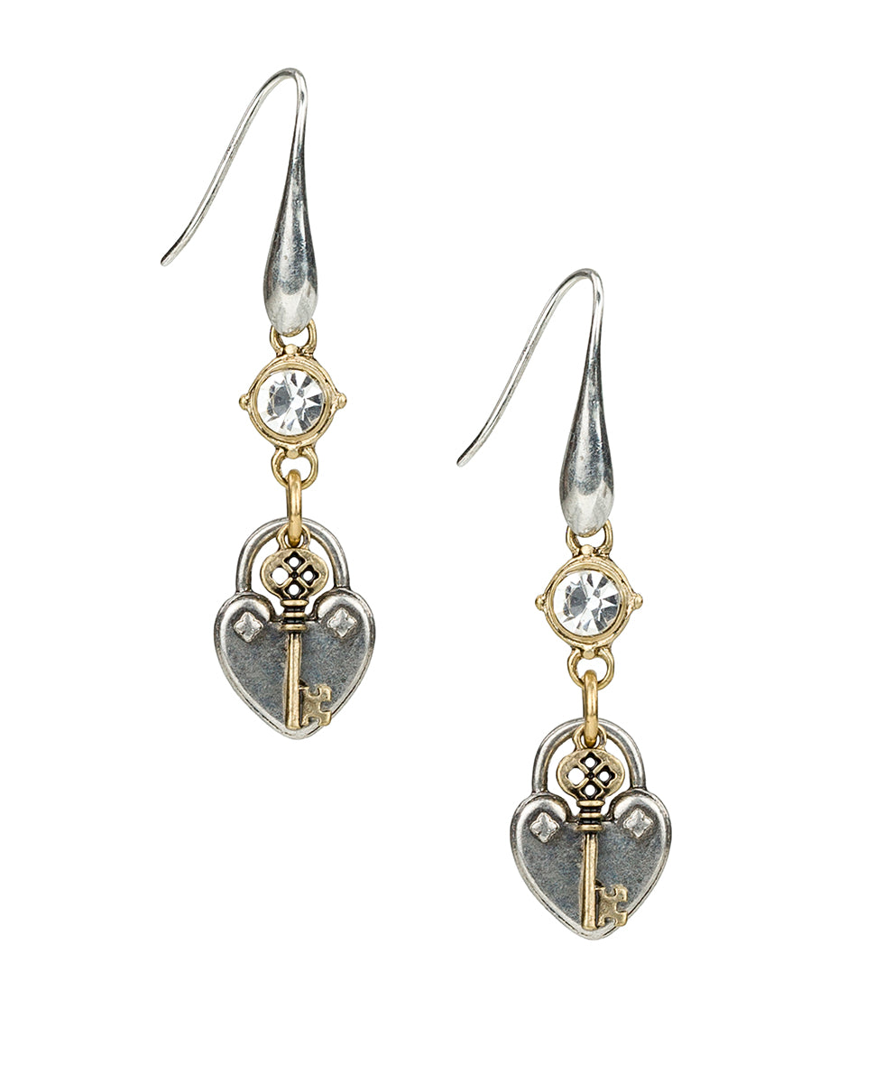 Female - Heart/Key Drop Earrings - Paris Postcard - silver ox/worn gold - by Patricia Nash - View 1 of 2