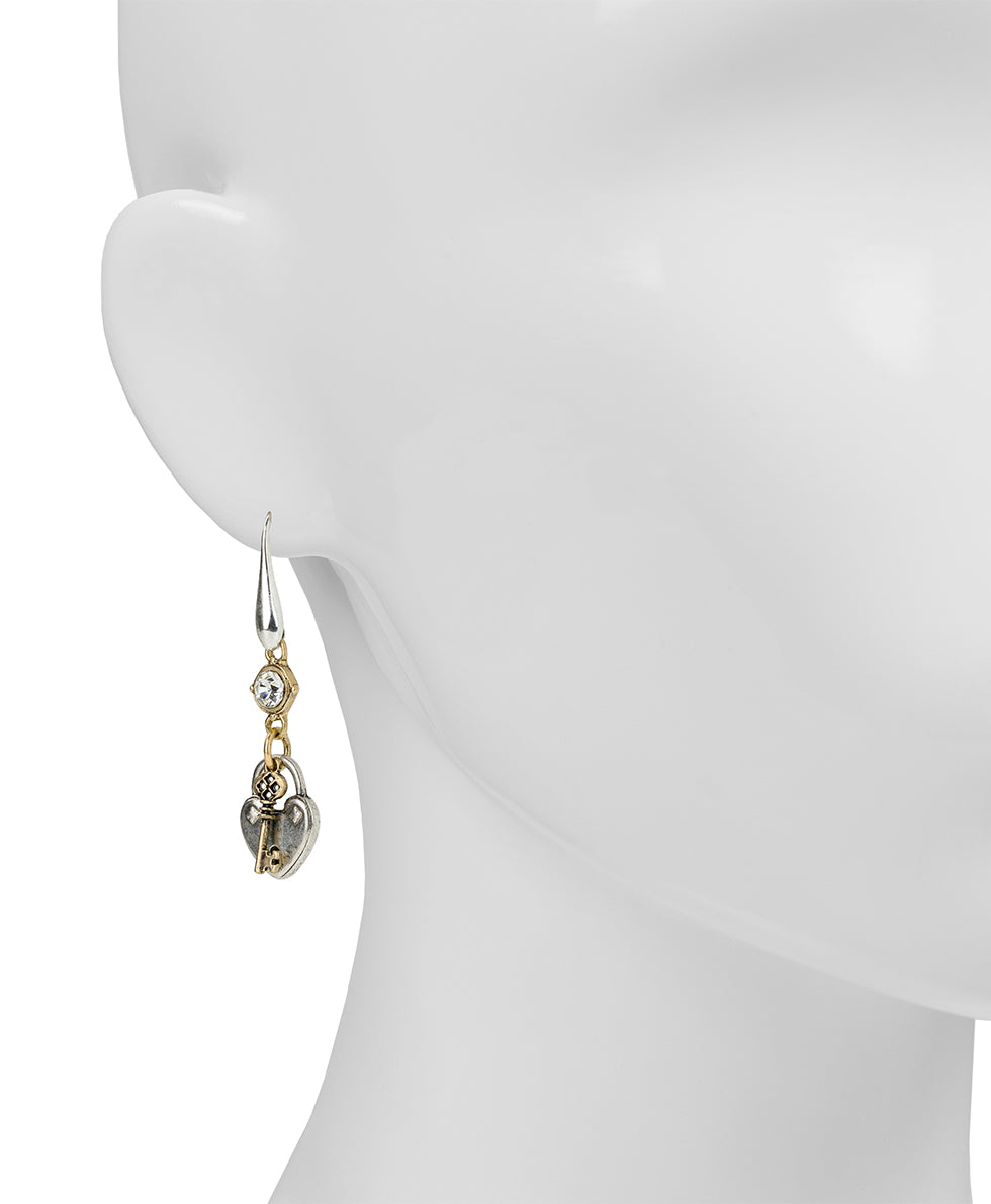 Female - Heart/Key Drop Earrings - Paris Postcard - silver ox/worn gold - by Patricia Nash - View 2 of 2