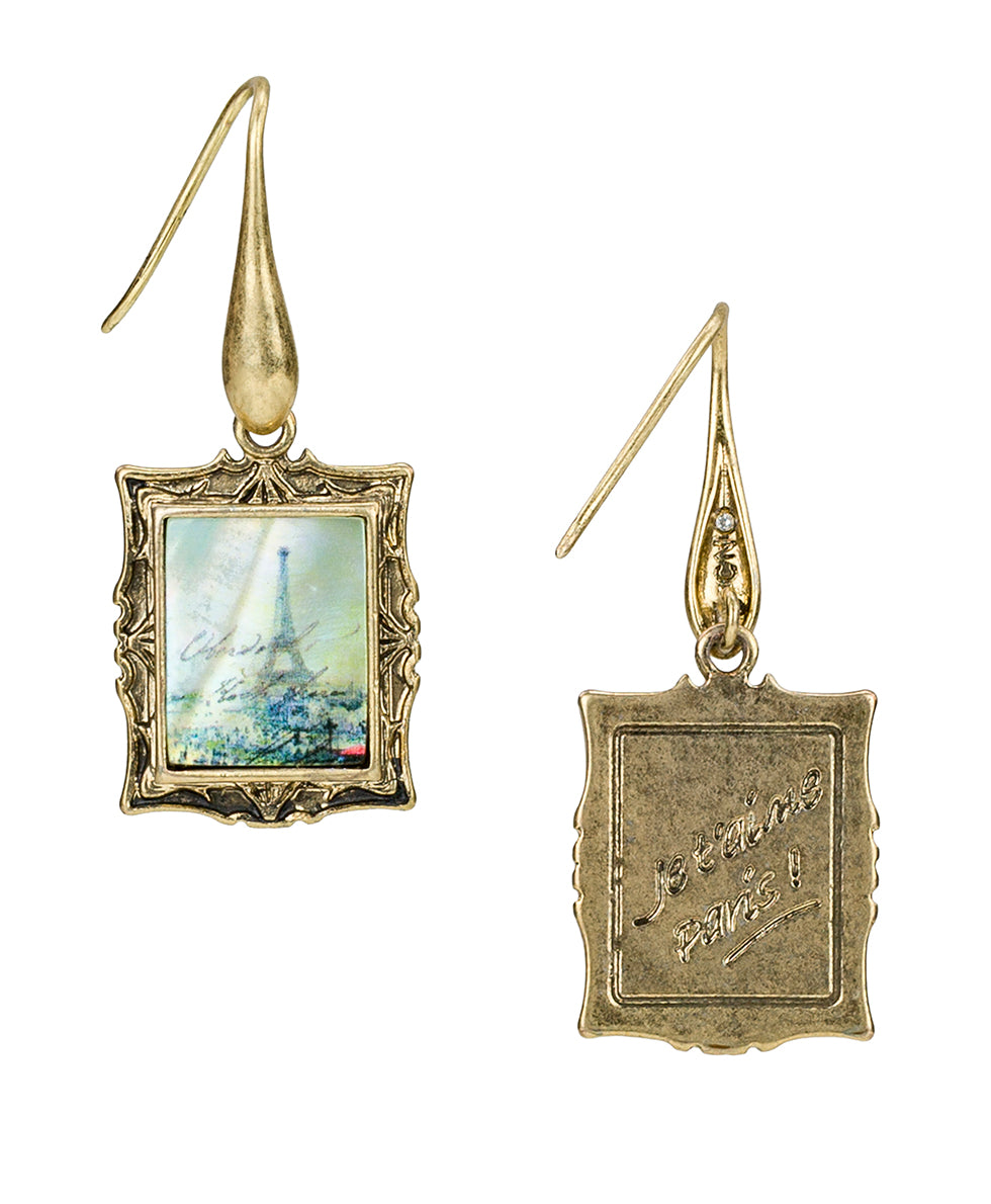 Female - Portriat Drop Earrings - Paris Postcard - worn gold - by Patricia Nash - View 1 of 2