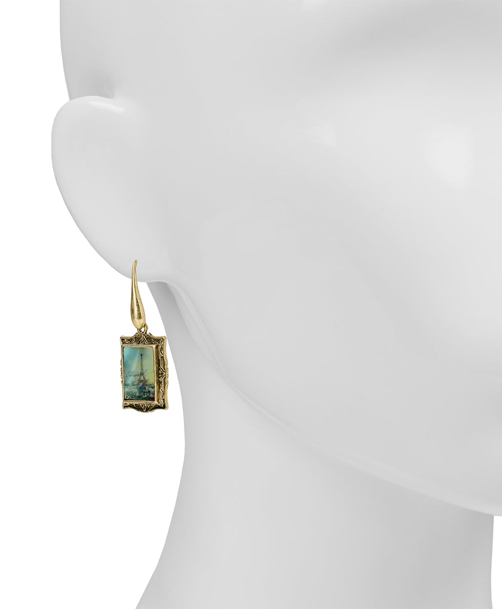 Female - Portriat Drop Earrings - Paris Postcard - worn gold - by Patricia Nash - View 2 of 2