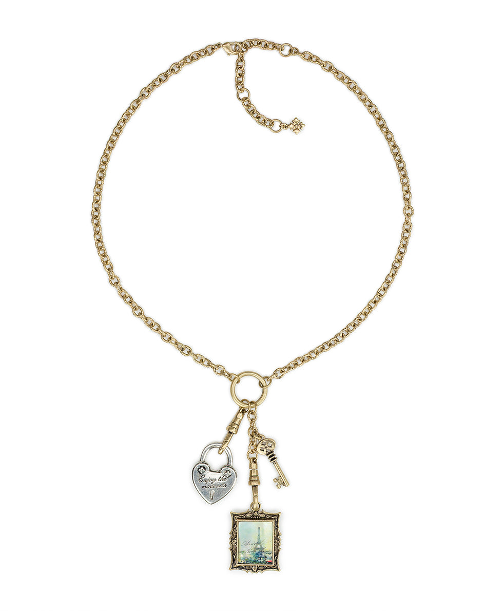 Female - Charm Dangle Necklace - Paris Postcard - worn gold/silver ox - by Patricia Nash - View 2 of 4