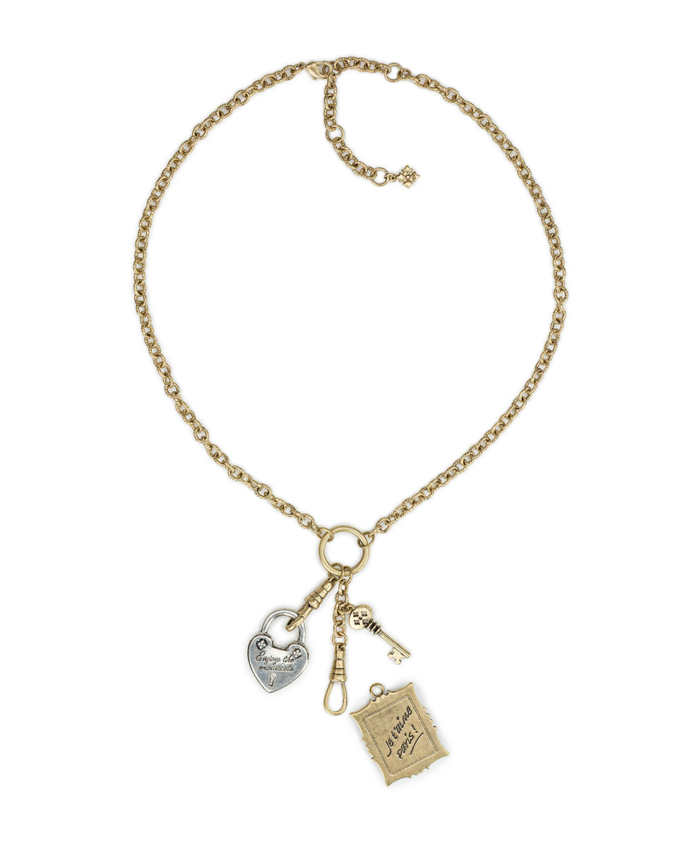 Female - Charm Dangle Necklace - Paris Postcard - worn gold/silver ox - by Patricia Nash - View 3 of 4