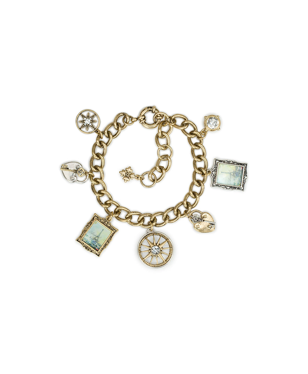 Female - Charm Bracelet - Paris Postcard - worn gold/silver ox - by Patricia Nash - View 1 of 3