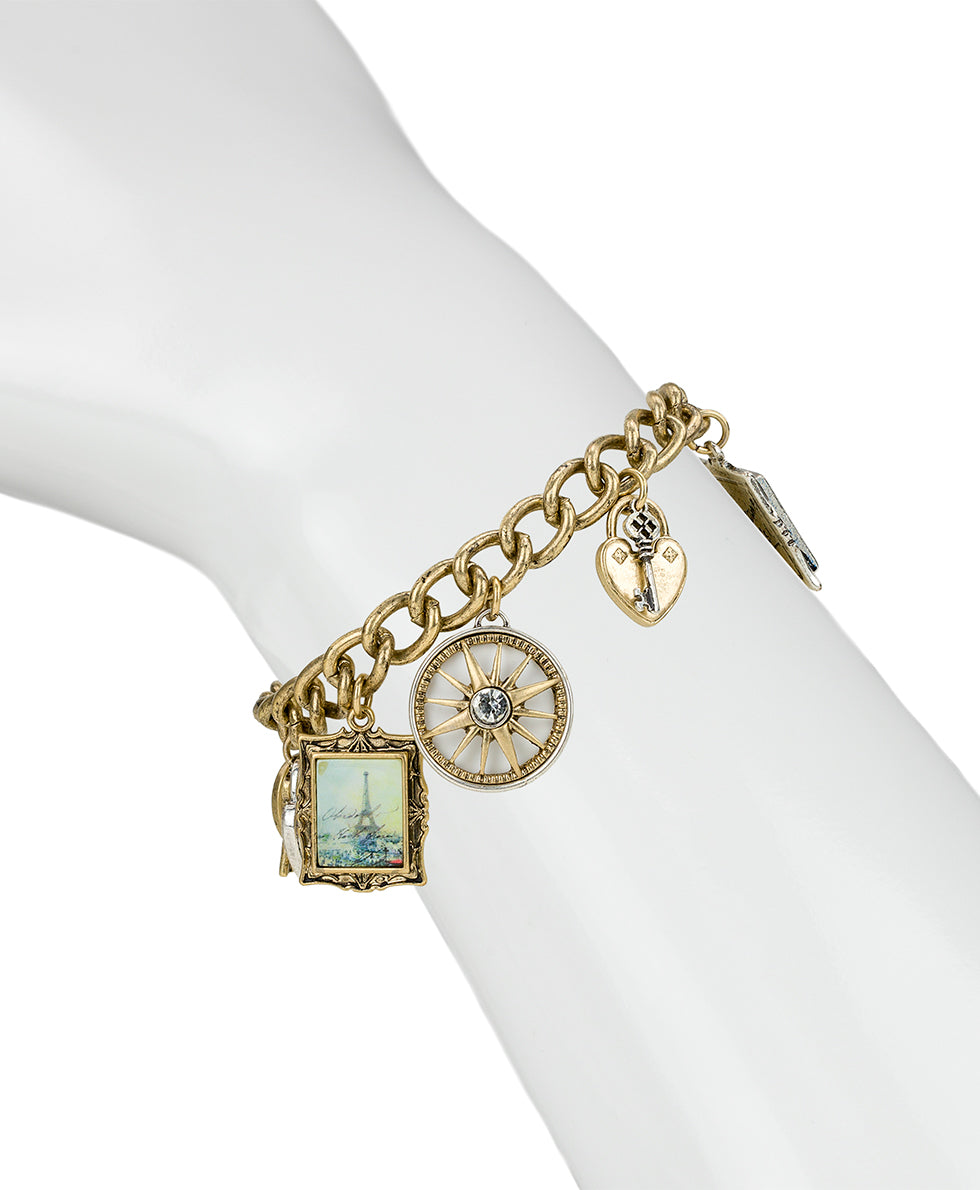 Female - Charm Bracelet - Paris Postcard - worn gold/silver ox - by Patricia Nash - View 3 of 3