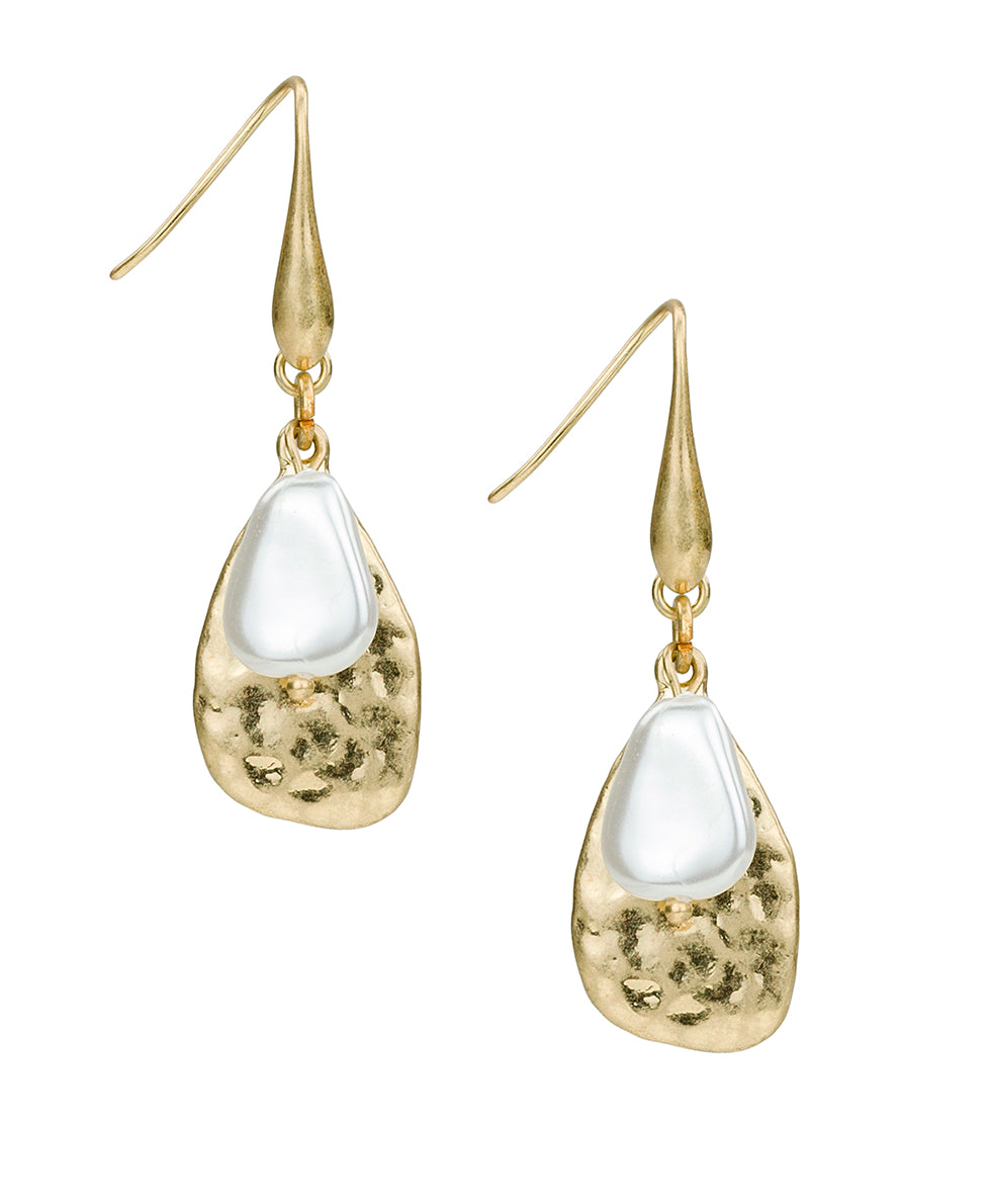 Female - Tear Drop and Pearl Earrings - Hammered Ring Collection - worn gold - by Patricia Nash - View 1 of 4