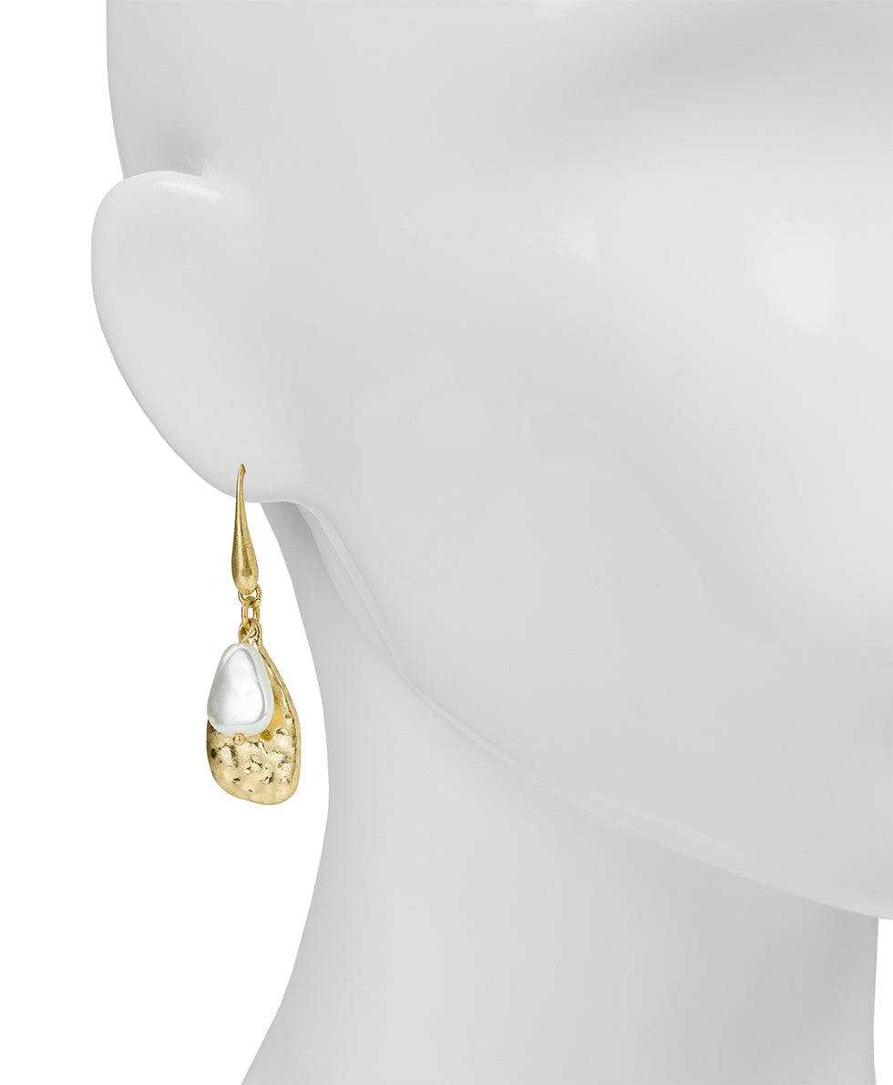Female - Tear Drop and Pearl Earrings - Hammered Ring Collection - worn gold - by Patricia Nash - View 2 of 4