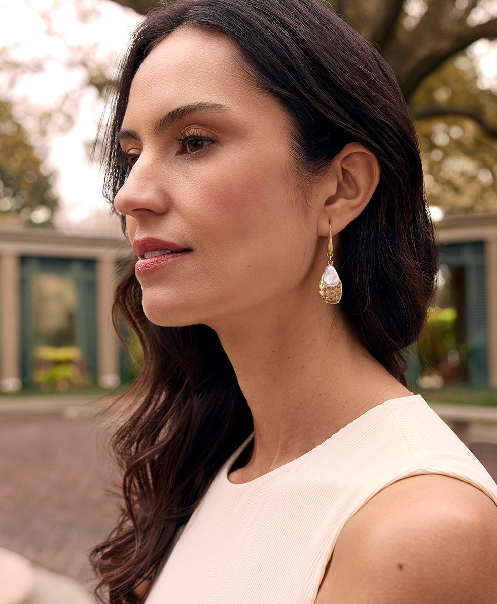 Female - Tear Drop and Pearl Earrings - Hammered Ring Collection - worn gold - by Patricia Nash - View 3 of 4