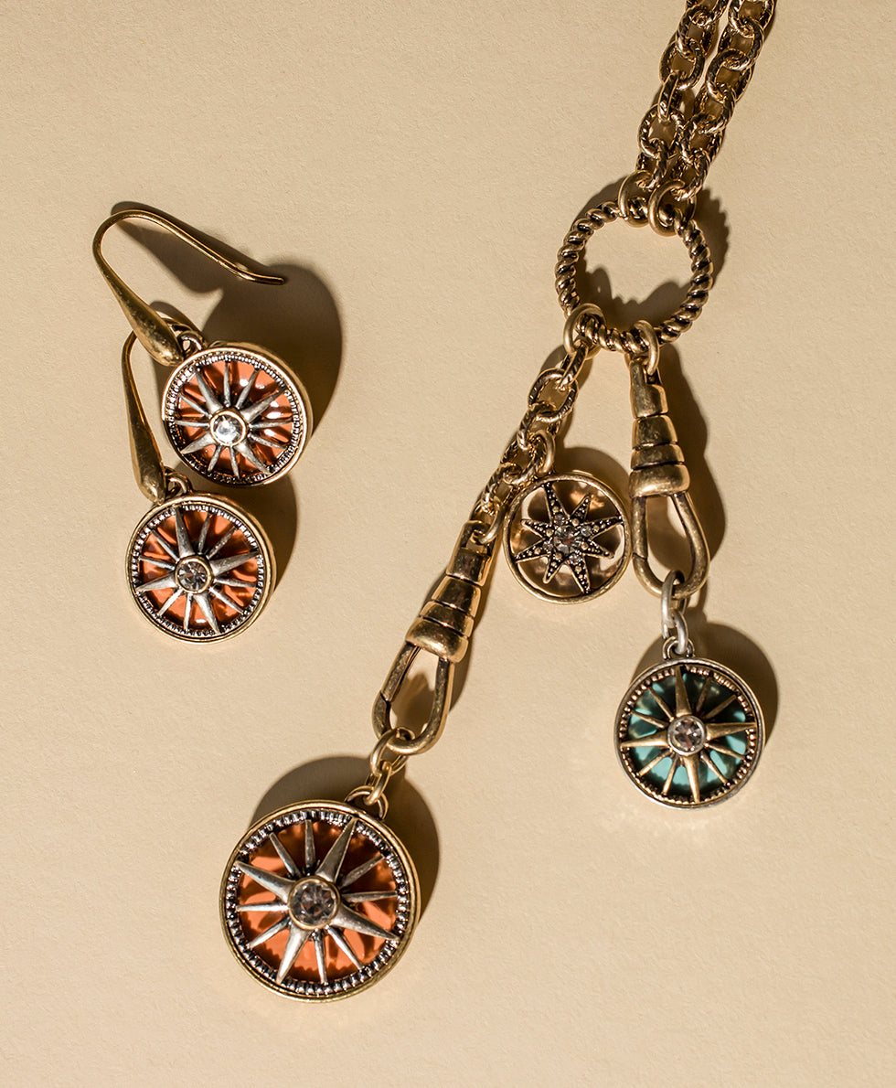 Female - Small Orange Dangle Earrings - Colored Compass Collection - antiquegold/antique silver - by Patricia Nash - View 3 of 3