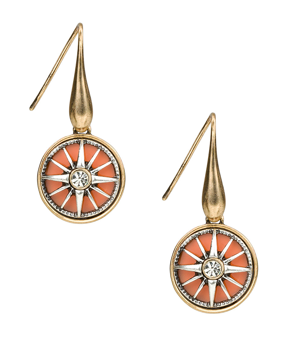 Female - Small Orange Dangle Earrings - Colored Compass Collection - antiquegold/antique silver - by Patricia Nash - View 1 of 3