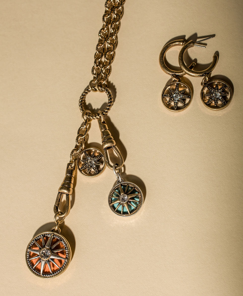 Female - Charm Dangle Necklace - Colored Compass Collection - antiquegold/antique silver - by Patricia Nash - View 5 of 6