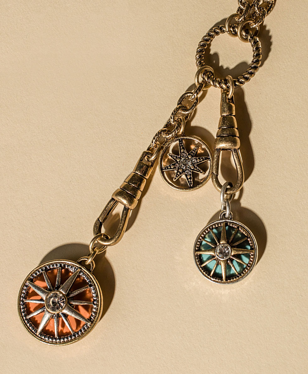 Female - Charm Dangle Necklace - Colored Compass Collection - antiquegold/antique silver - by Patricia Nash - View 3 of 6