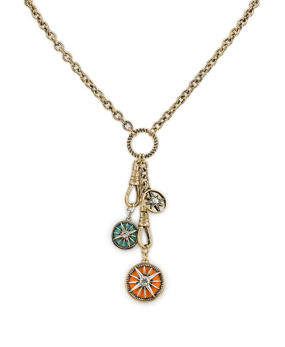 Female - Charm Dangle Necklace - Colored Compass Collection - antiquegold/antique silver - by Patricia Nash - View 1 of 6