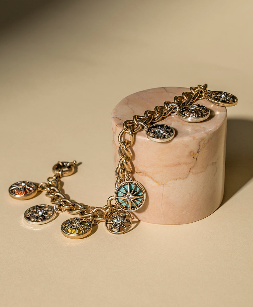 Female - Charm Bracelet - Colored Compass Collection - antiquegold/antique silver - by Patricia Nash - View 3 of 4