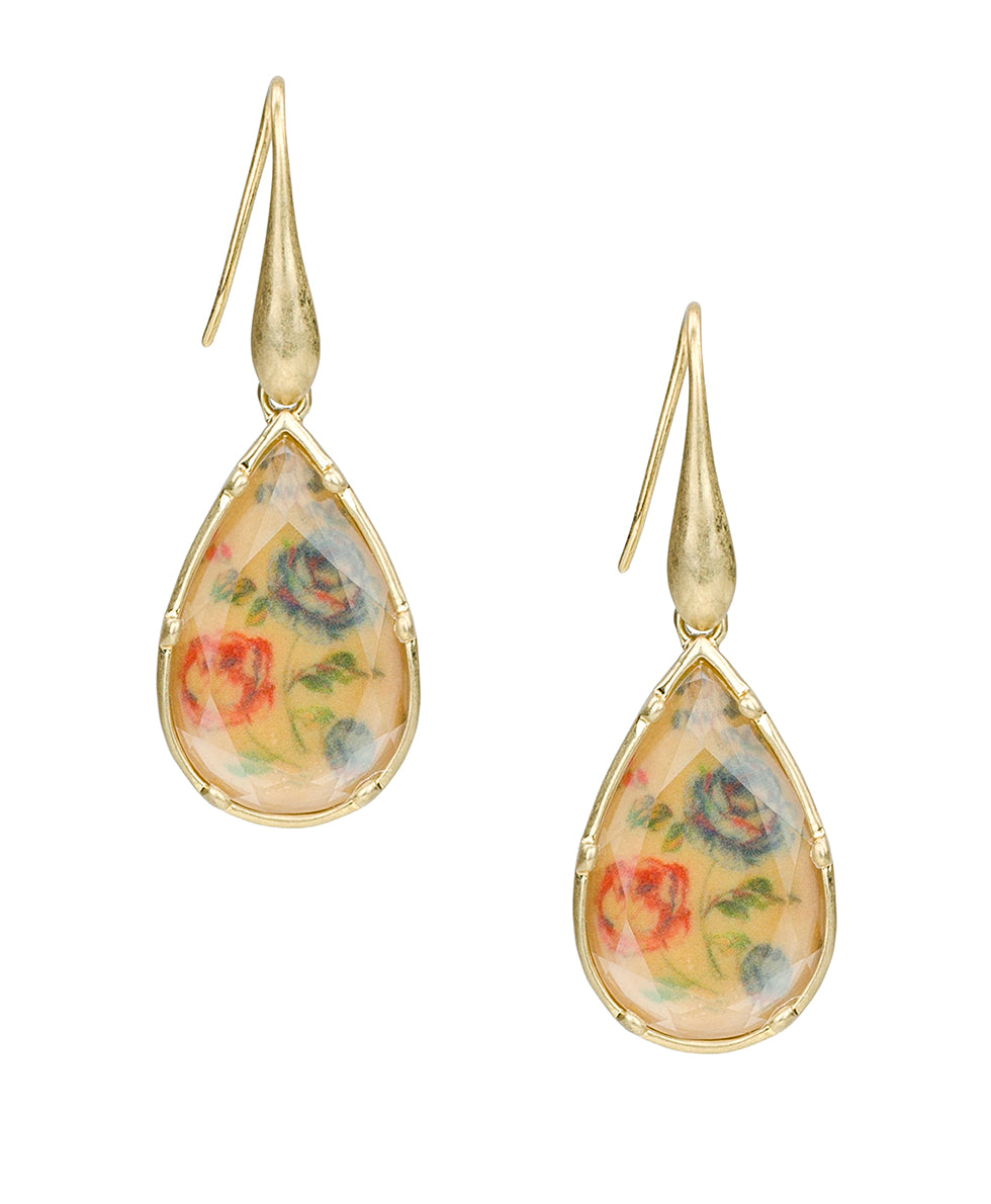 Female - Tear Drop Earrings - Fleur de Jardin - worn gold - by Patricia Nash - View 1 of 4