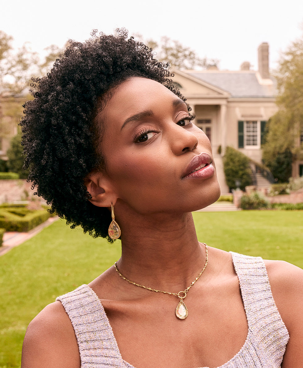 Female - Tear Drop Earrings - Fleur de Jardin - worn gold - by Patricia Nash - View 4 of 4