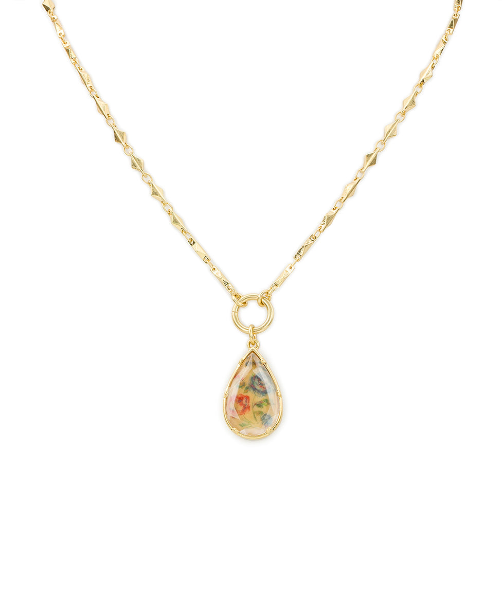 Female - Tear Drop Necklace - Fleur de Jardin - worn gold - by Patricia Nash - View 1 of 3