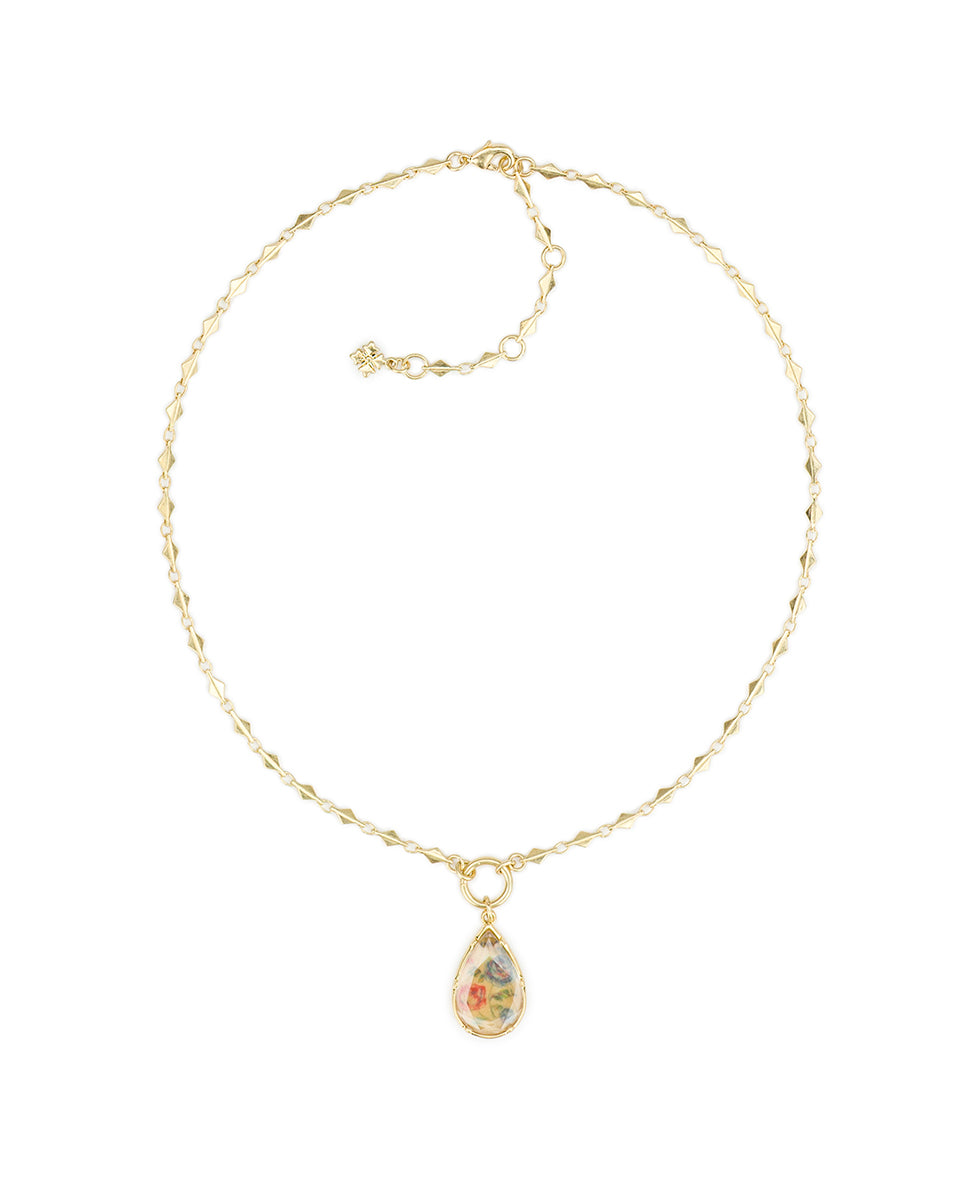 Female - Tear Drop Necklace - Fleur de Jardin - worn gold - by Patricia Nash - View 2 of 3