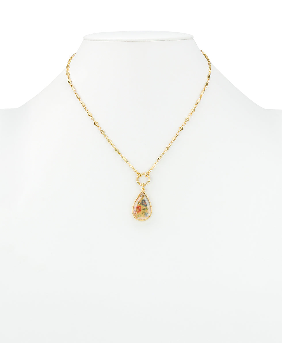 Female - Tear Drop Necklace - Fleur de Jardin - worn gold - by Patricia Nash - View 3 of 3