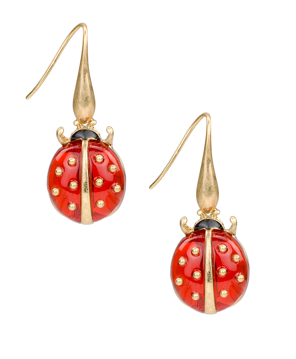Female - Ladybug Wire Drop Earrings - Ladybug Collection - worn gold - by Patricia Nash - View 1 of 2