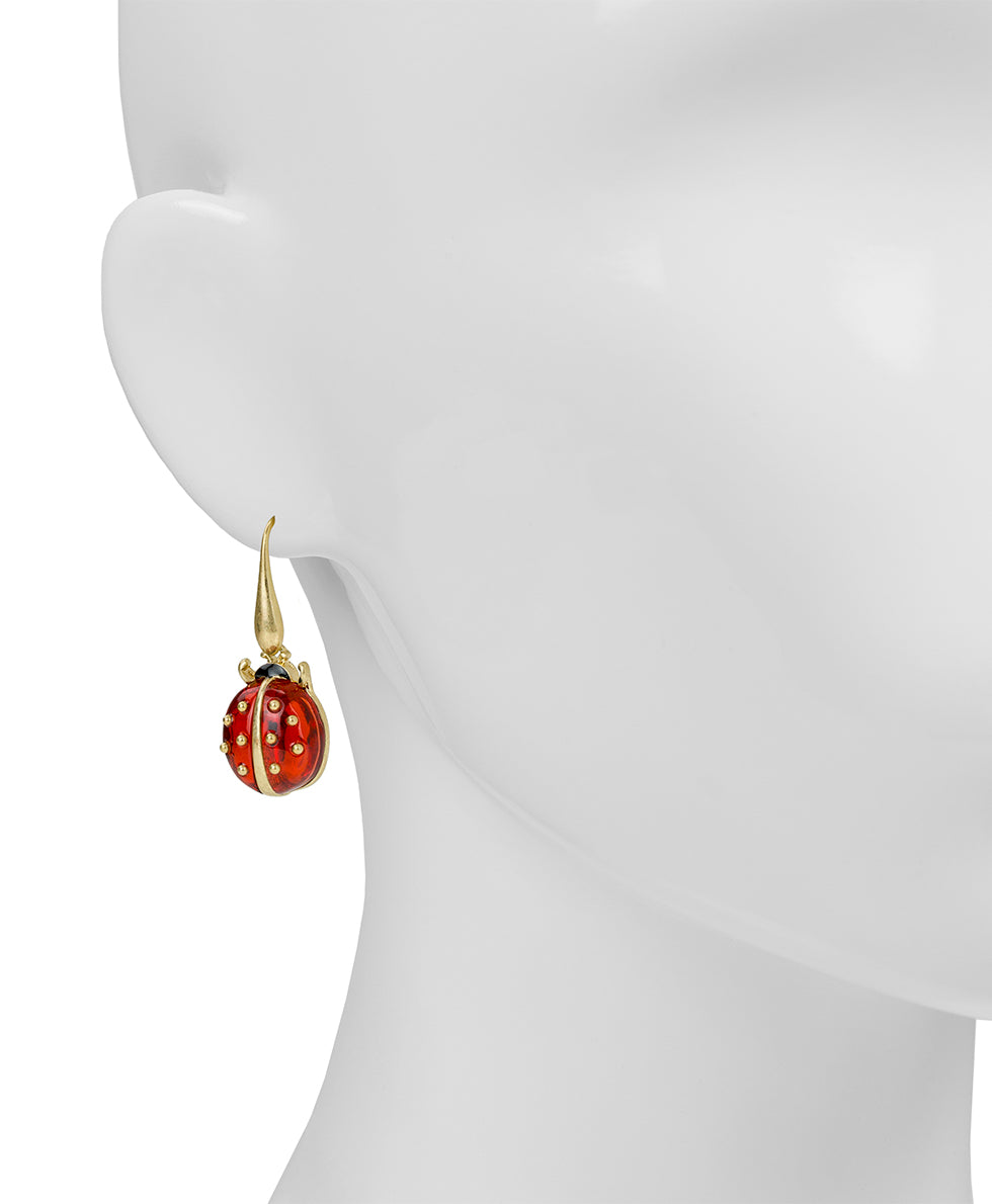 Female - Ladybug Wire Drop Earrings - Ladybug Collection - worn gold - by Patricia Nash - View 2 of 2