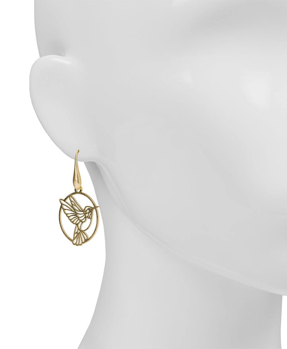 Female - Open Wire Drop Earrings - Enamel Hummingbird Collection - worn gold - by Patricia Nash - View 2 of 2