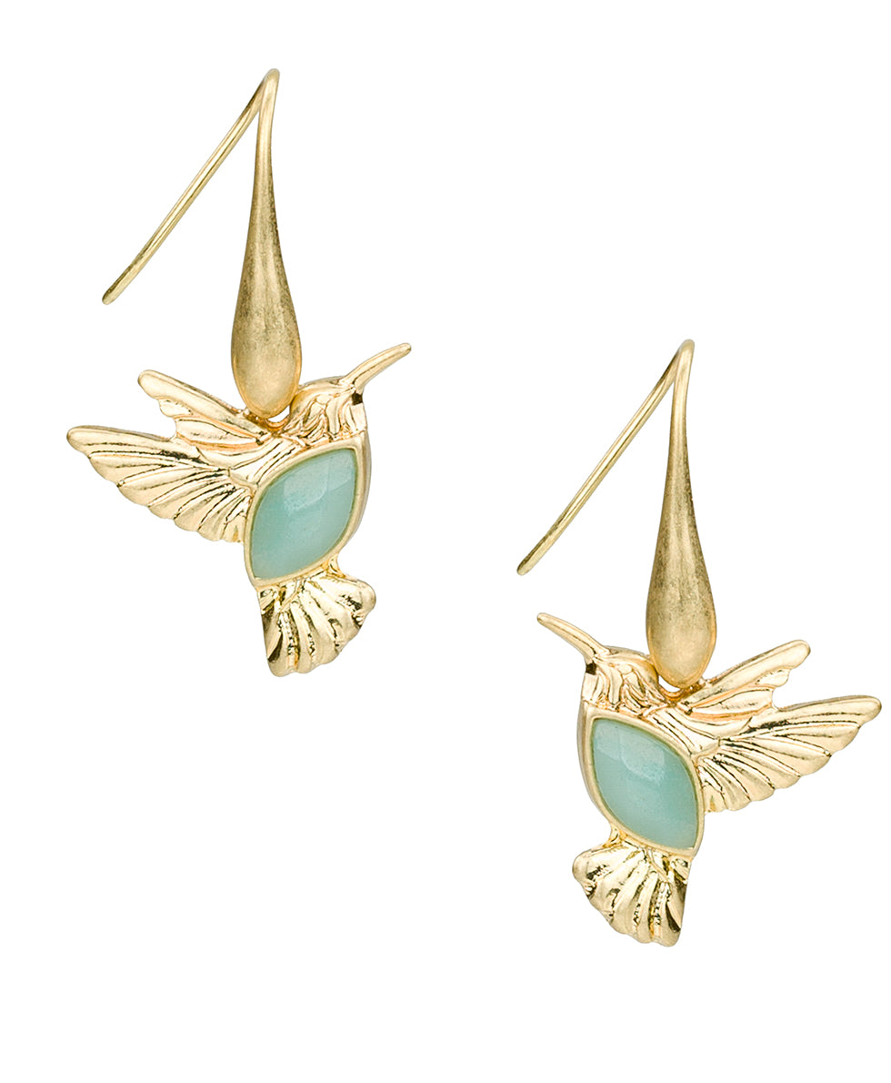 Female - Stone Hummingbird Drop Earrings - Enamel Hummingbird Collection - worn gold - by Patricia Nash - View 1 of 4