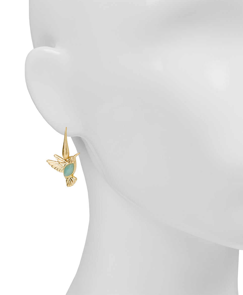 Female - Stone Hummingbird Drop Earrings - Enamel Hummingbird Collection - worn gold - by Patricia Nash - View 2 of 4