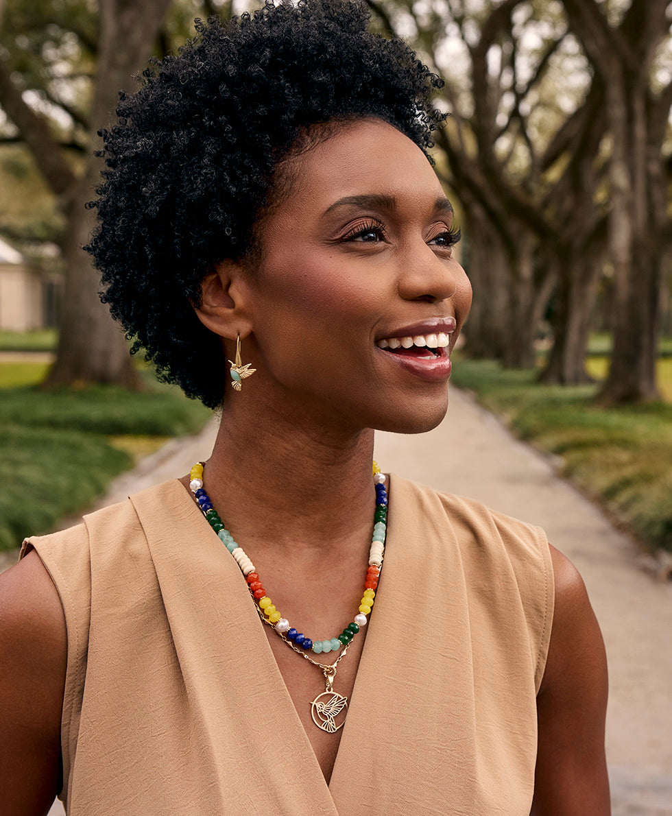 Female - Stone Hummingbird Drop Earrings - Enamel Hummingbird Collection - worn gold - by Patricia Nash - View 4 of 4