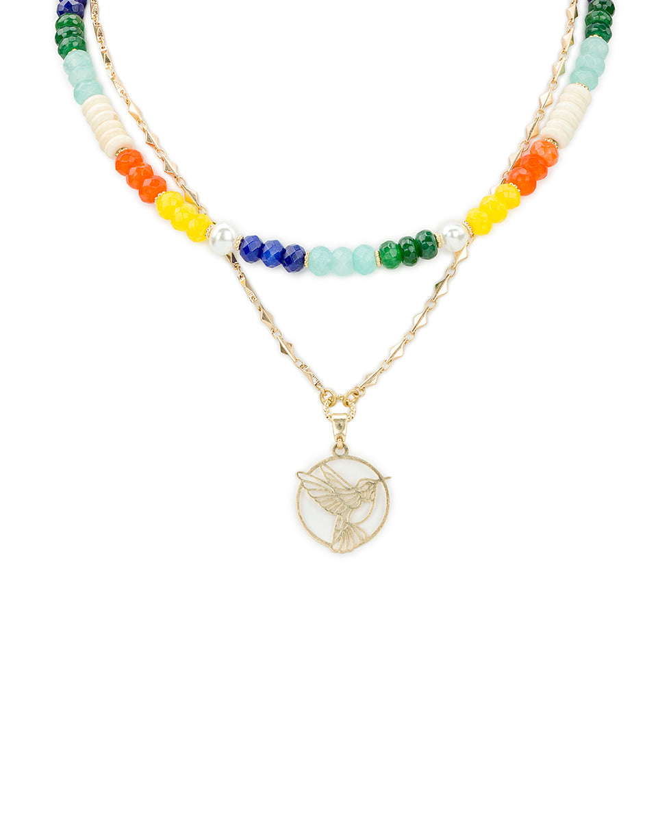 Female - Beaded Charm Convertible Necklace - Enamel Hummingbird Collection - worn gold - by Patricia Nash - View 1 of 5