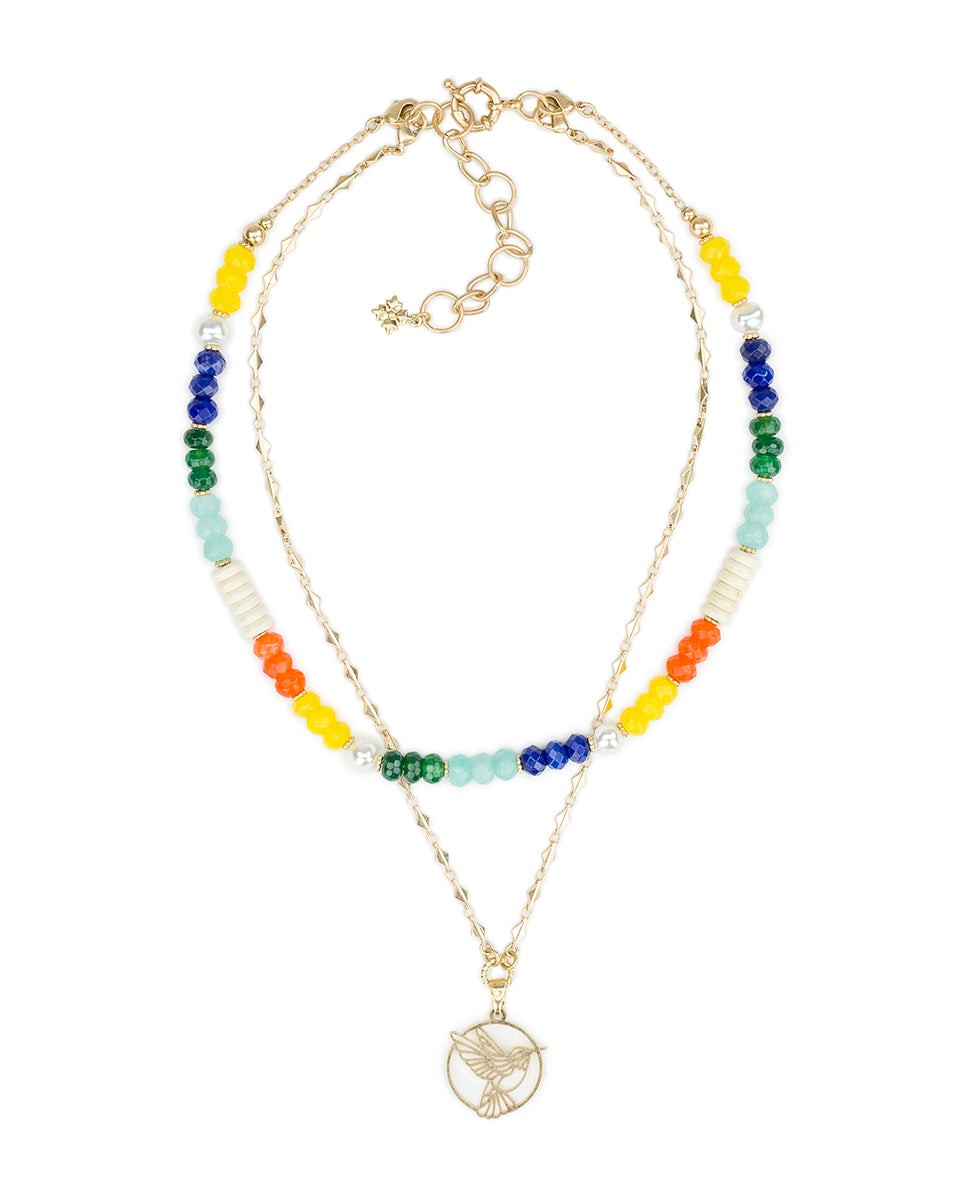 Female - Beaded Charm Convertible Necklace - Enamel Hummingbird Collection - worn gold - by Patricia Nash - View 2 of 5