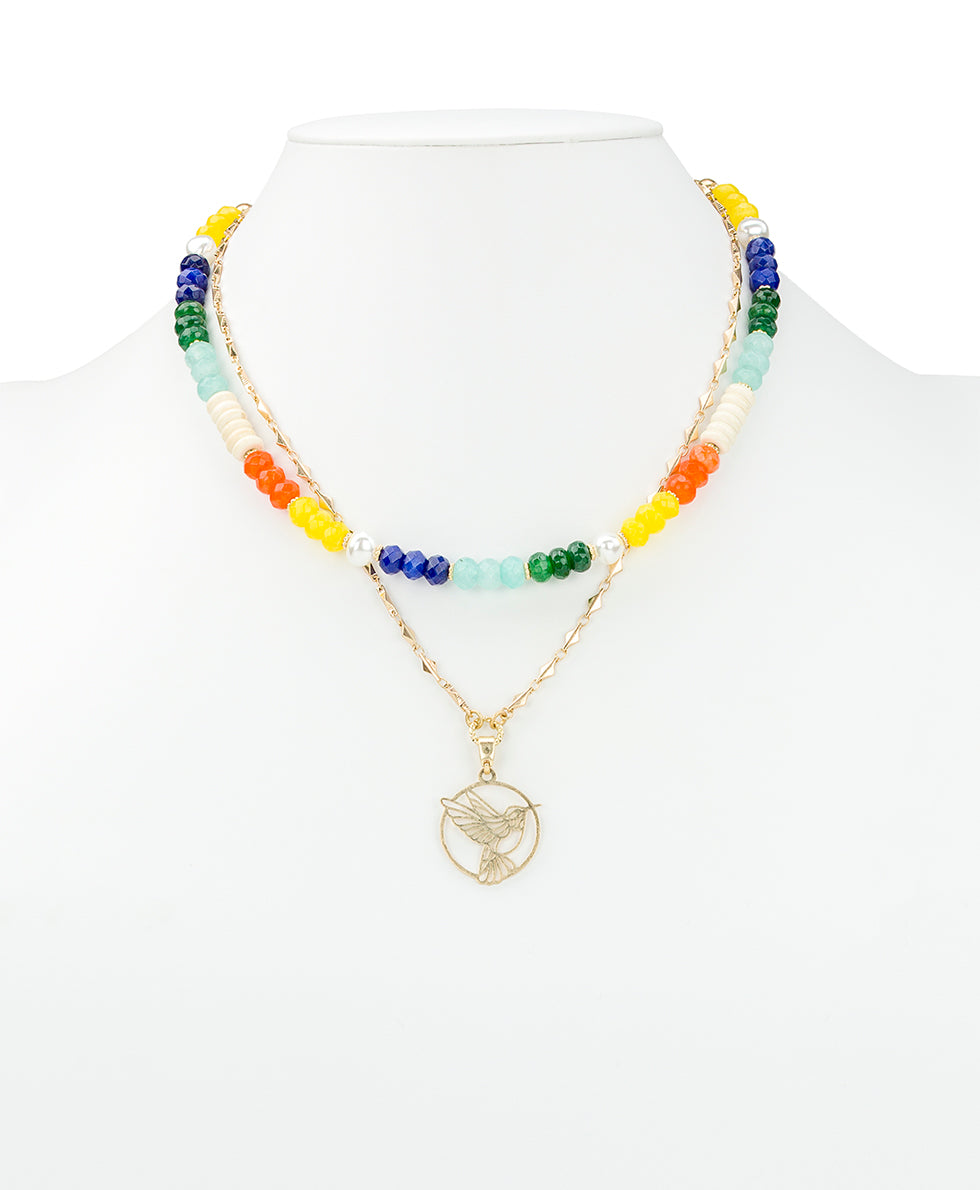 Female - Beaded Charm Convertible Necklace - Enamel Hummingbird Collection - worn gold - by Patricia Nash - View 3 of 5