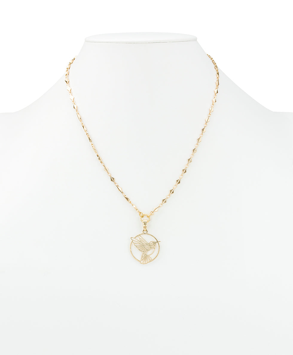 Female - Beaded Charm Convertible Necklace - Enamel Hummingbird Collection - worn gold - by Patricia Nash - View 4 of 5