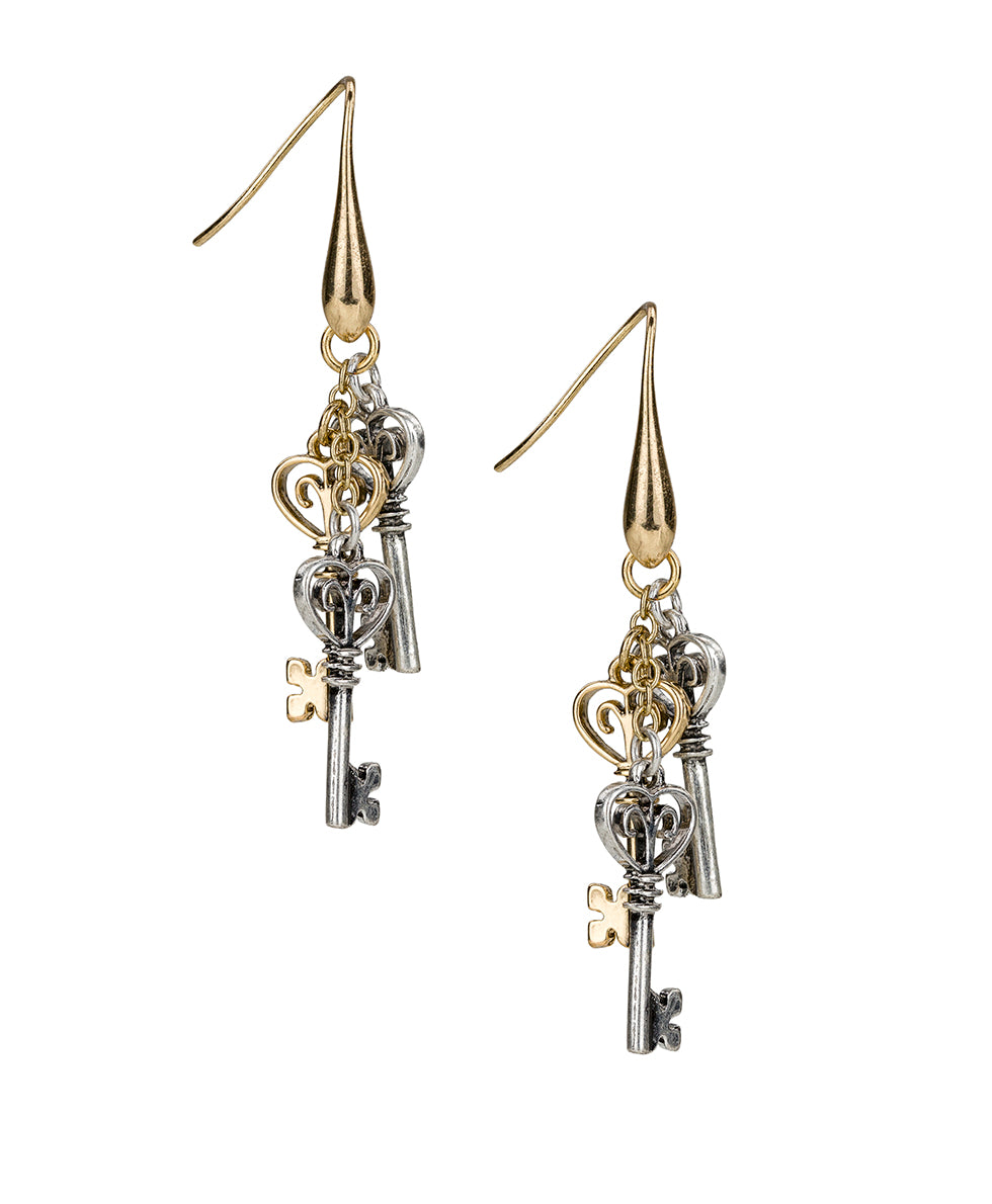 Female - Multi Key Drop Earrings | Key to My Heart Collection | Antique Gold / Silver Ox - antique gold / silver ox - by Patricia Nash - View 1 of 2