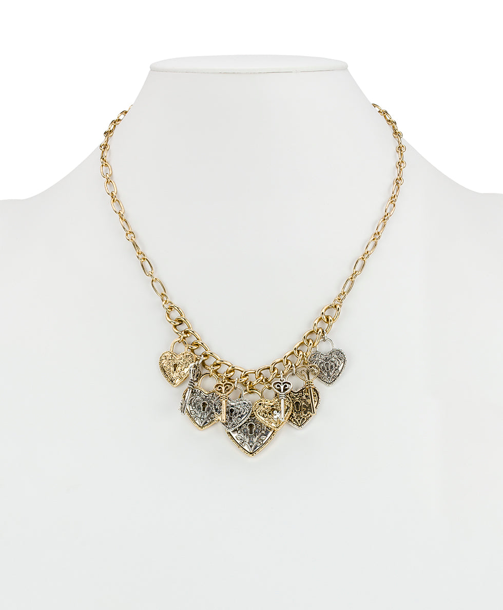 Female - Charm Necklace | Key to My Heart Collection | Antique Gold / Silver Ox - antique gold / silver ox - by Patricia Nash - View 3 of 3