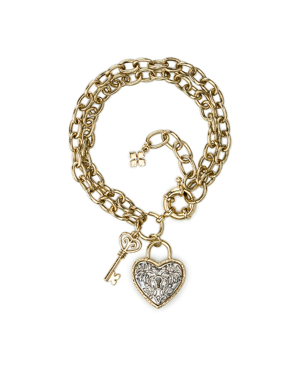 Female - Double Chain Charm Bracelet | Key to My Heart Collection | Antique Gold / Silver Ox - antique gold / silver ox - by Patricia Nash - View 1 of 2