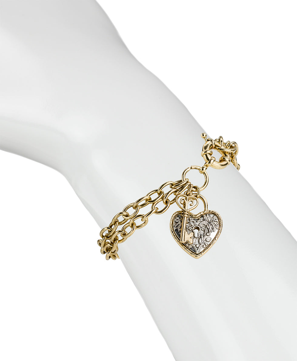Female - Double Chain Charm Bracelet | Key to My Heart Collection | Antique Gold / Silver Ox - antique gold / silver ox - by Patricia Nash - View 2 of 2