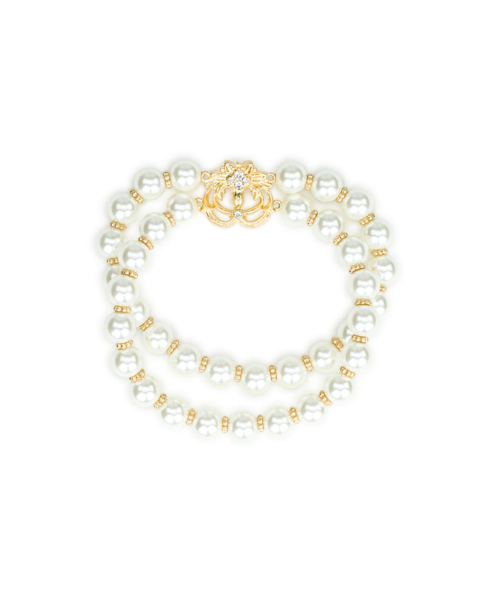 Female - Double Pearl Stretch Bracelet | Danish Print Collection | Worn Gold - worn gold - by Patricia Nash - View 1 of 2