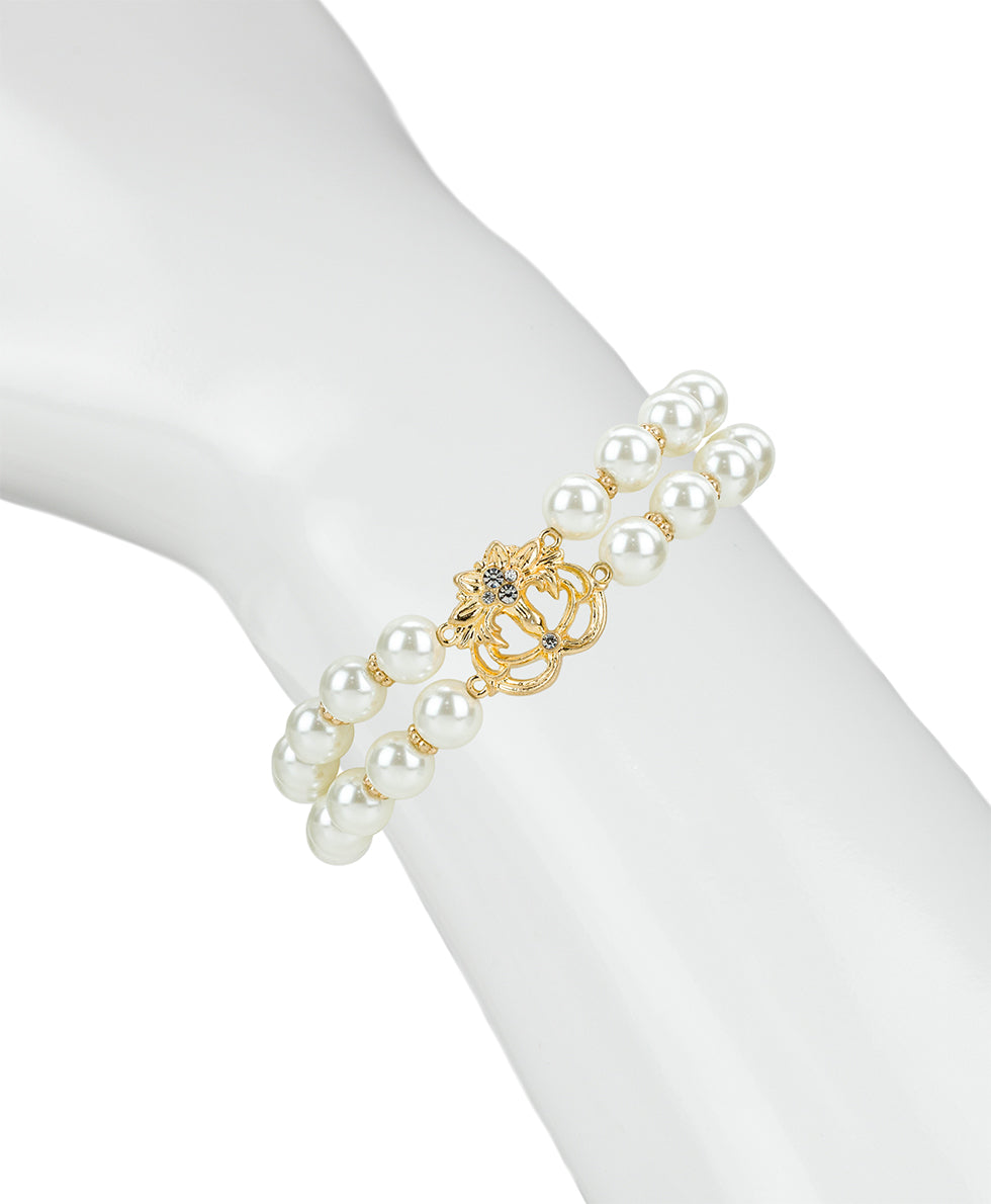 Female - Double Pearl Stretch Bracelet | Danish Print Collection | Worn Gold - worn gold - by Patricia Nash - View 2 of 2