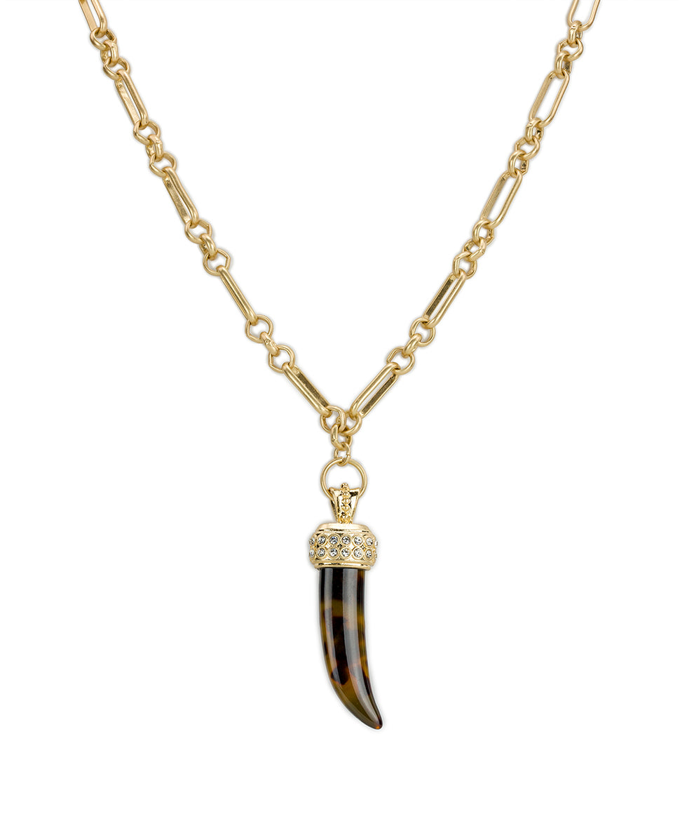 Female - Horn Pendant Necklace | Pave Tortoise Resin Collection | Worn Gold - worn gold - by Patricia Nash - View 1 of 3