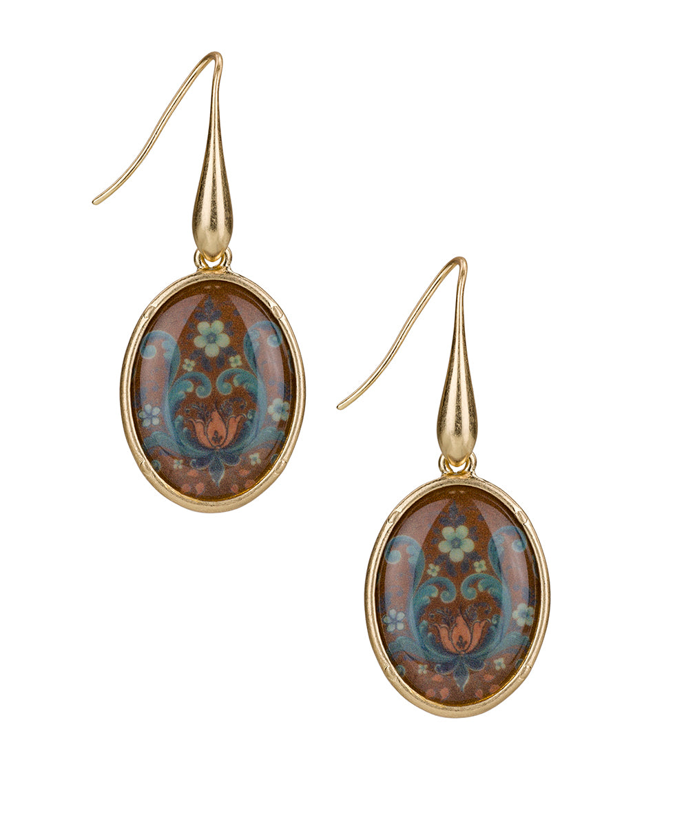 Female - Oval Drop Earrings | Rosemaling Under Crystal Collection | Worn Gold - worn gold - by Patricia Nash - View 1 of 2