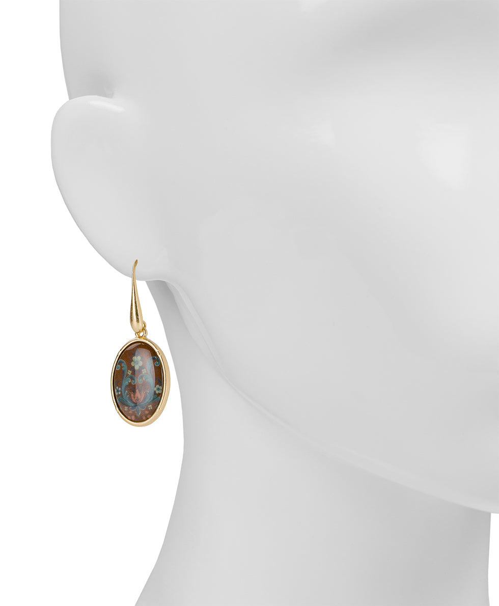 Female - Oval Drop Earrings | Rosemaling Under Crystal Collection | Worn Gold - worn gold - by Patricia Nash - View 2 of 2