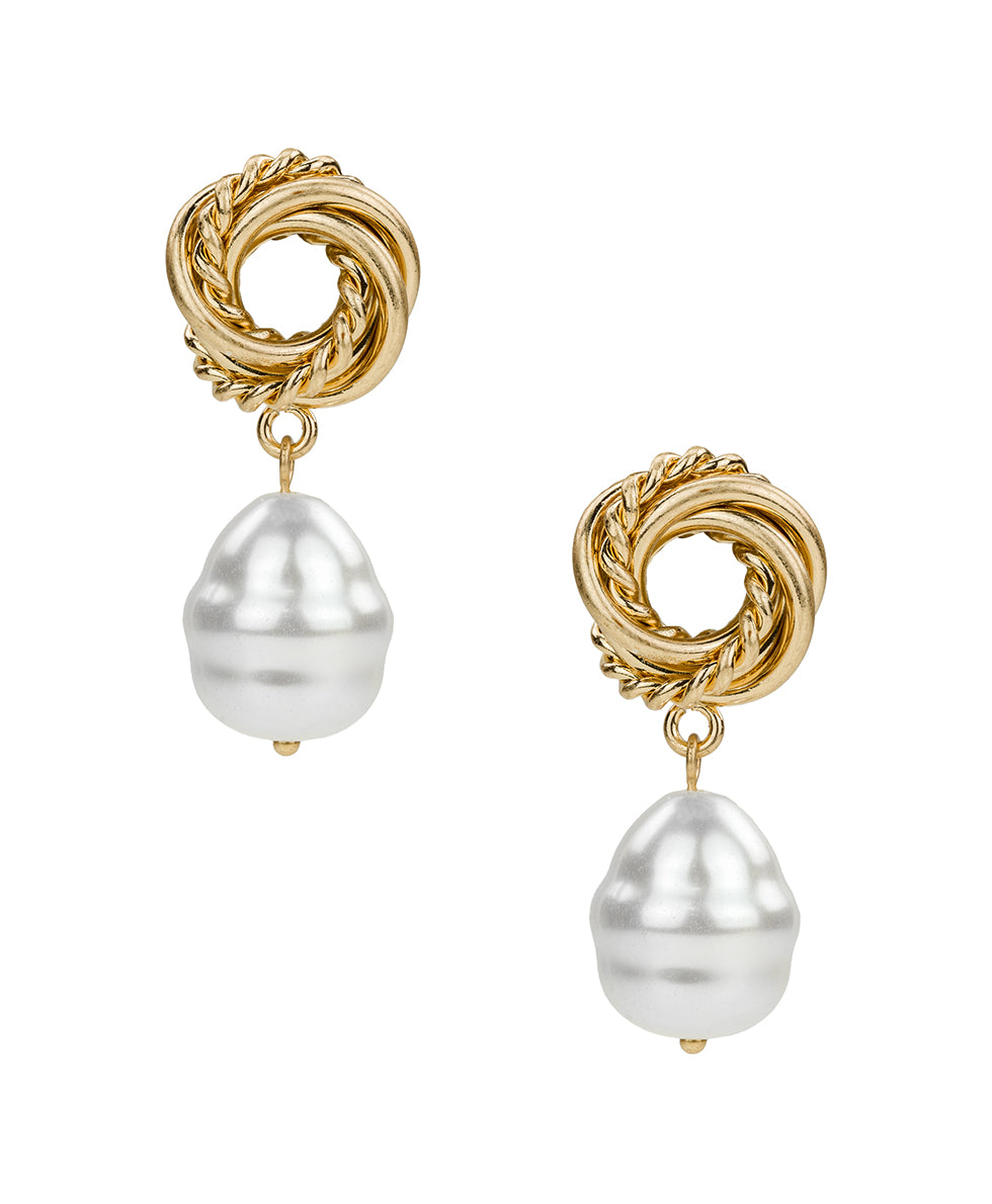 Female - Knot with Pearl Drop Earrings | Twisted Knot Collection | Worn Gold - worn gold - by Patricia Nash - View 1 of 2