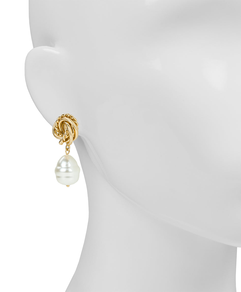Female - Knot with Pearl Drop Earrings | Twisted Knot Collection | Worn Gold - worn gold - by Patricia Nash - View 2 of 2